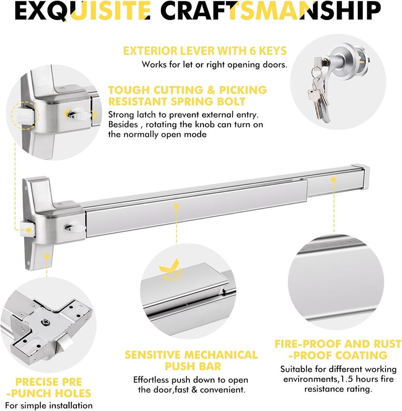 YUCHENGTECH Door Push Bar Panic Exit Device 31.5IN Panic Bars for Exit Door Stainless Steel Commercial Emergency Exit Device with Exterior Lever 6 Keys(31.5‘’ with Lock) - Image 4